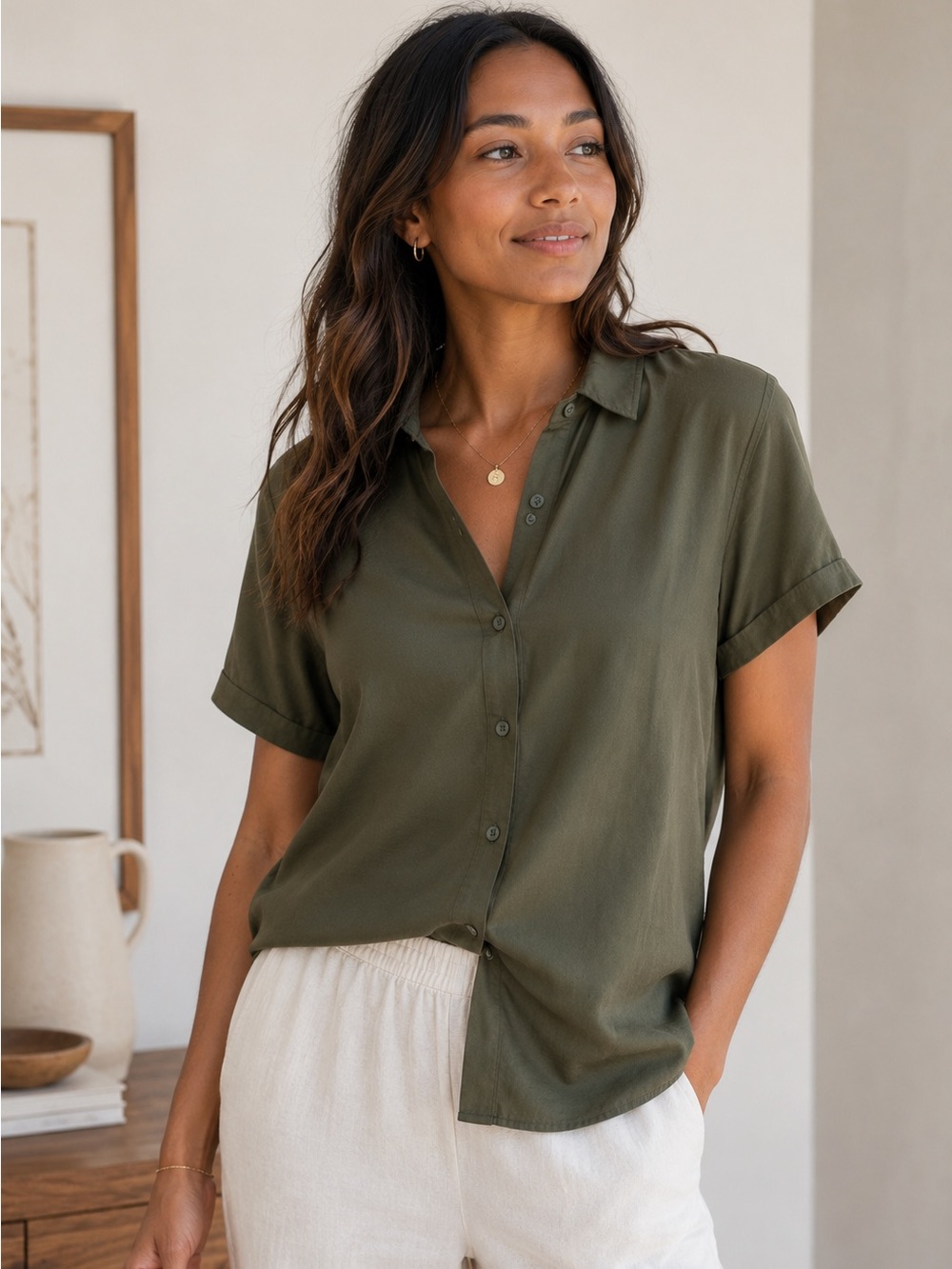 Uniqlo Camp Button Shirt Womens M Olive Green Short Sleeve